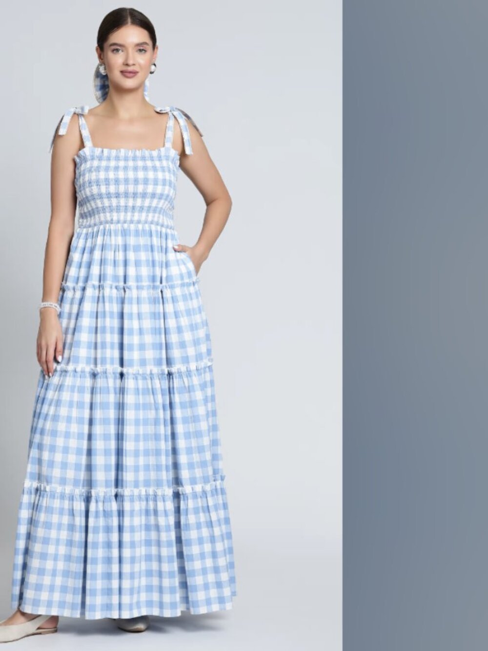 Light Blue Gingham Maxi Dress - Aaron and Amber - Small